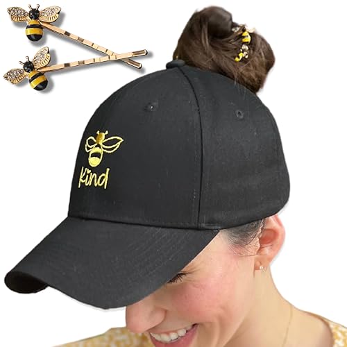 Bee Kind Ponytail Hat with Honey Bee Hair Pins - Black