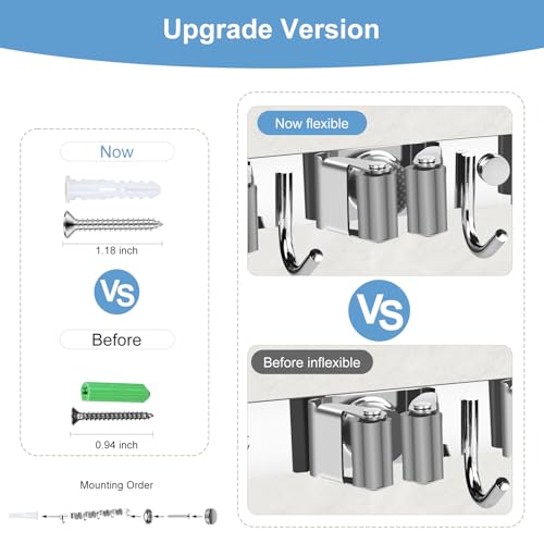 Mop and Broom Holder Wall Mounted, 4 Racks and 5 Hooks Broom, Upgraded Stainless Steel Broom Holder Self Adhesive, Broom Organizer, Tools Organizer for Home Kitchen bathroom Garden balcony