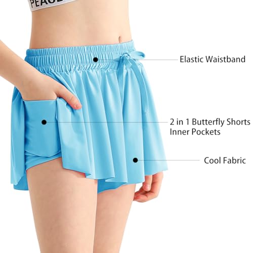 Flowy Athletic Shorts with Pocket & Drawstring - 2 in 1 Butterfly Skirts for Girls 12-13 Years - Lakeblue
