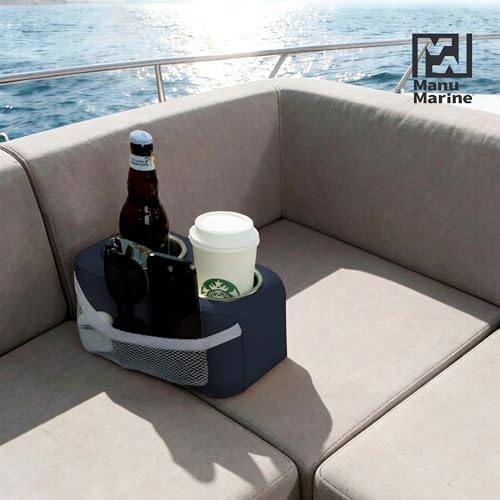Pontoon Cup Holder Stainless Steel Double with Side Pocket Blue - MANUMARINE