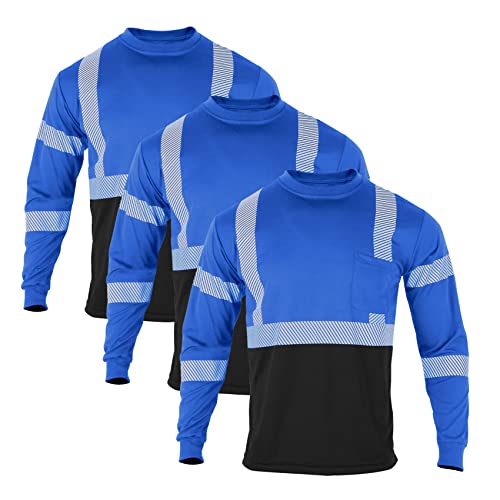 VENDACE Safety T Shirts Reflective High Visibility 3 Pack Hi Vis Long Sleeve Construction Work Shirts for Men (Royal Blue,M)
