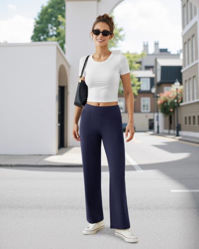 COPYLEAF Women's Wide Leg Yoga Pants with Pockets - Navy Blue, Large