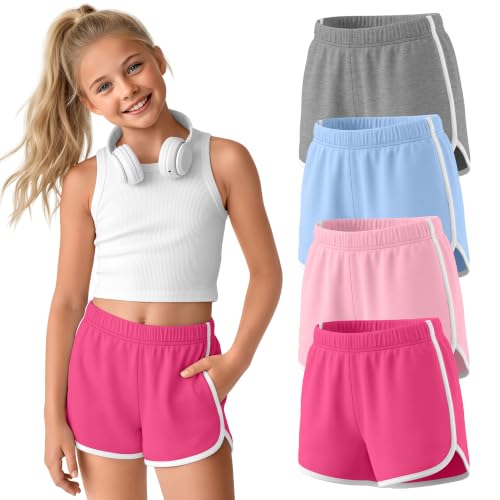 4 Pack Girls' Athletic School Shorts - 9-10 Years, Rose Red, Pink, Blue, Light Heather Gray