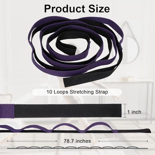 Yoga Stretching Strap with 10 Loops - 78-Inch Exercise Band - Black