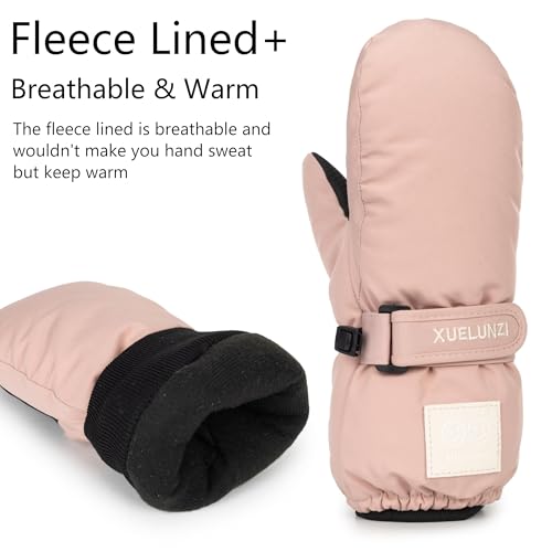Kids Waterproof Snow Mittens - Warm Ski Gloves for 6-12 Years - Pink