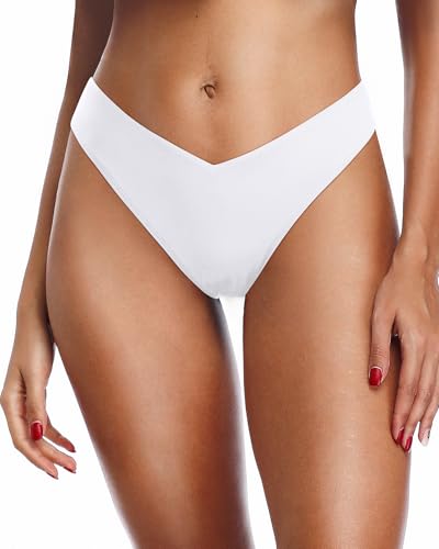 Zmart Women's V-Cut Mid-Rise Cheeky Bikini Bottom, White, Medium