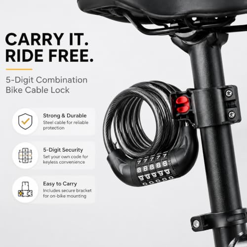 KEYSTP 5-Digit Bike Lock Cable 12mm with Mounting Bracket – Black