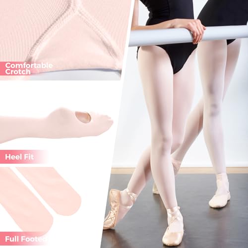 Girls' Ballet Dance Tights - 2 Pairs Convertible Pantyhose - Pink, 6-8 Years
