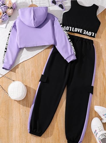 Hilinker Girls 3-Piece Outfit Set: Crop Hoodie, Tank & Sweatpants | Purple-Black, 11-12Y