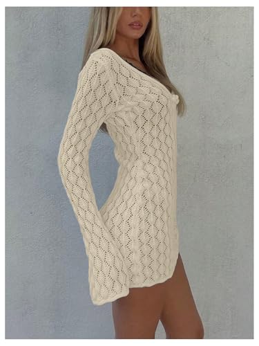 MakeMeChic Women's Beach Cover Up Crochet Mini Dress Small Apricot