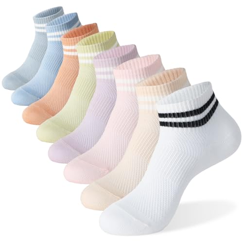 Women's Retro Striped Crew Socks - 8 Pairs Athletic Ankle Socks