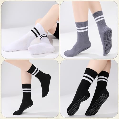 Striped Pilates Crew Socks with Grips for Women - 4 Pairs - Black White Gray