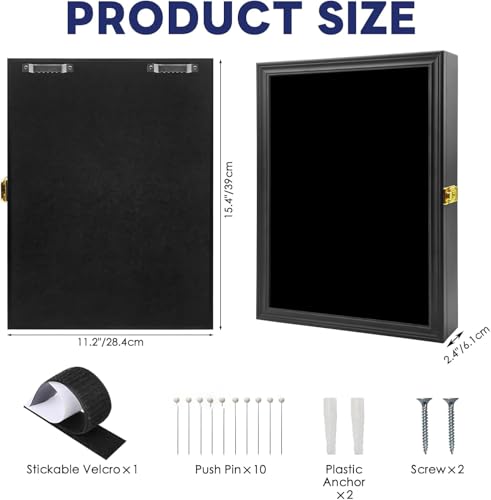 15.4x11.2 Inch Solid Pine Wood Military Pin & Badge Shadow Box Display Case with UV Acrylic, Lockable Wall Mount