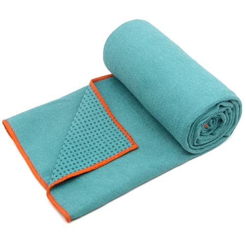 Eunzel Microfiber Non Slip Yoga Towel with Grip Dots for Hot Yoga & Pilates - Dark Cyan/Orange, 72" x 24"