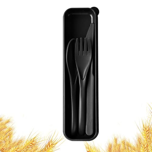 Reusable Travel Utensil Set with Case - Wheat Straw Portable Cutlery - Black