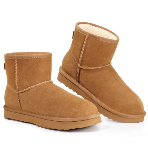 KIDMI Women's Suede Mini Snow Boots with Fur Lining, Chestnut, Size 7.5-8