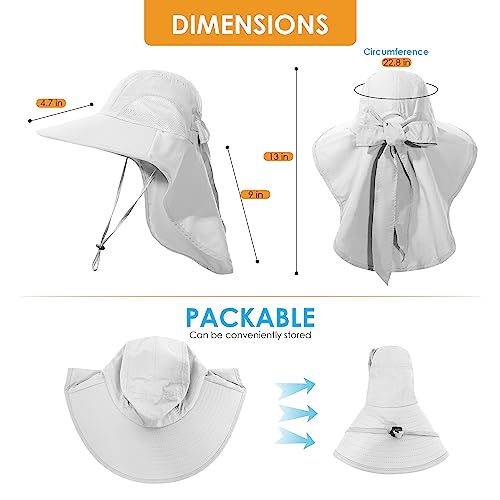 Wide Brim UV Protection Sun Hat - Foldable Waterproof Bucket Hat with Neck Flap - One Size, Light Grey