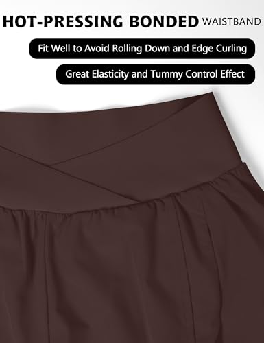 Blooming Jelly Women’s High-Waisted Crossover Running Shorts with Pockets (Large, Brown)