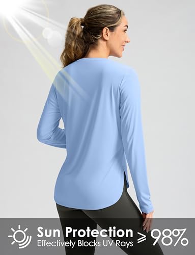 Women's UPF 50+ Long Sleeve Sun Shirt - Haze Blue, Medium, Workout & Hiking
