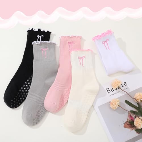Grip Socks for Women - Cotton Ruffle Bow Yoga & Pilates - 5-Pair Set - Off-white, Pink, White, Black, Gray