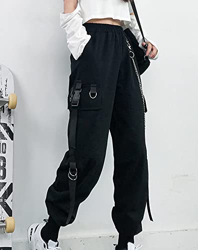 Women's Wide Leg Cargo Pants with Elastic Waist and Chain