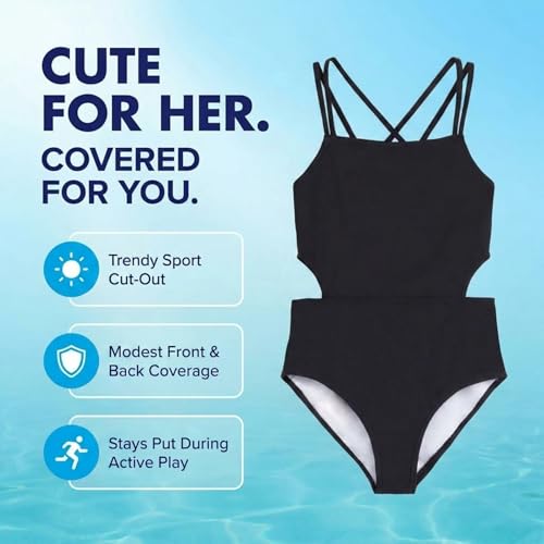Girls' Sport Cut-Out One Piece Swimsuit - Solid Black