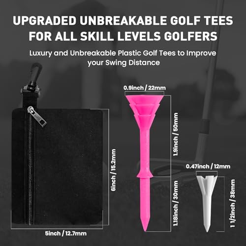 Golf Tees Set - 30 Unbreakable 3 1/4 Inch & 20 Short 1 1/2 Inch - Pink Bag