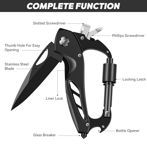Multitool Carabiner with Pocket Knife - Black 6-in-1 Survival Gear