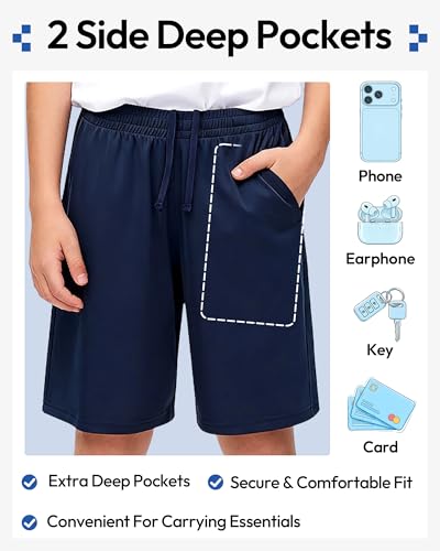 Boys Basketball Athletic Shorts - 5 Pack Quick Dry with Pockets, Large - Black, Dark Grey, Navy, Light Grey
