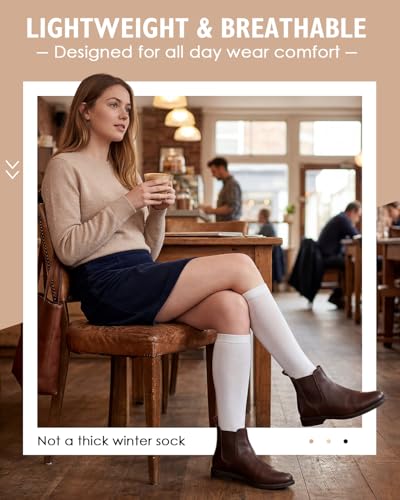 Knee High Long Socks for Women - Soft Thin Tube Socks - 2 Pairs Pure White