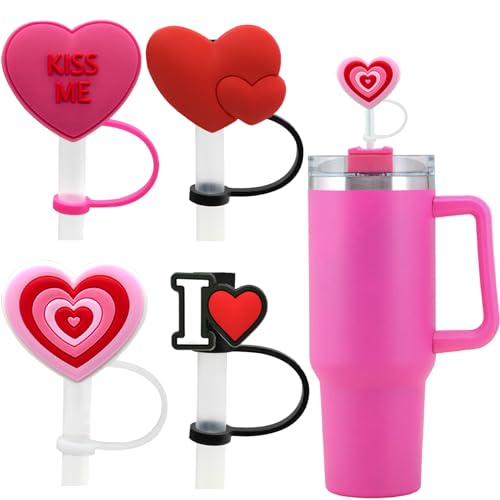 Heart Straw Toppers for Tumblers - Silicone Dust-Proof Straw Covers - Red Pink