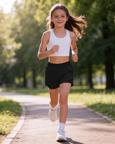 High Waisted Girls Running Shorts - Black, 13-14 Years