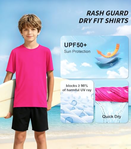 Neon Pink Kids Rash Guard UPF 50+ Dry Fit Shirt - 12 Years