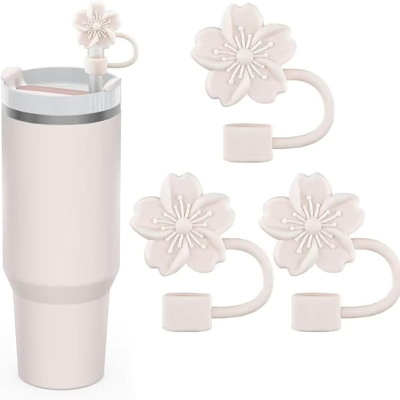 Cherry Blossom Silicone Straw Toppers for Stanley Cup - 3 Pack