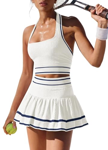 ReachMe Women's 2-Piece Tennis Skirt Set White/Navy - 3D Stretch Moisture-Wicking, Built-in Shorts, Pockets, Small