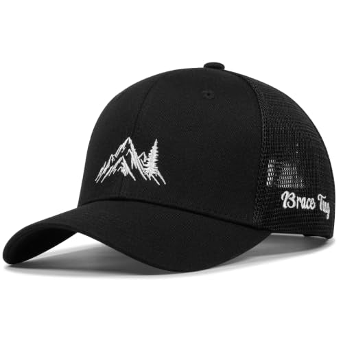 Brace Tang One Size Black Mountain & Tree Outdoor Trucker Hat for Men Women - Embroidered Baseball Cap for Hiking & Camping