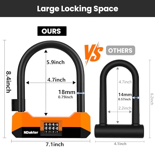 NDakter Heavy Duty Bike U Lock with 5FT Steel Cable - Medium Orange