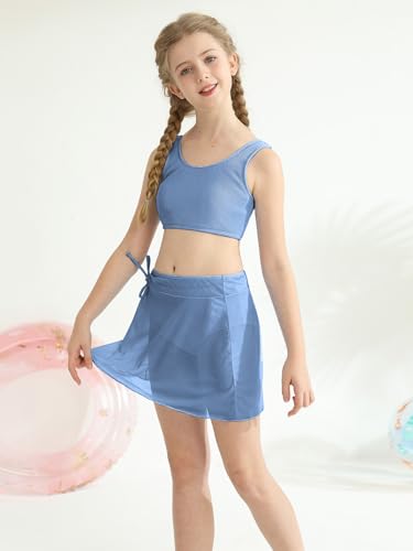 Girls Ribbed 2-Piece Swimsuit with Skirt - Gray Blue / 11-12 Years
