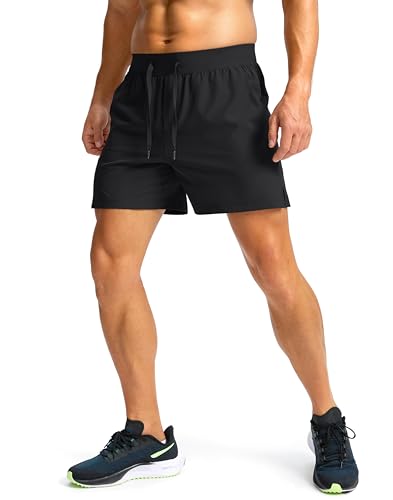 Soothfeel Men's Athletic Running Shorts 5 Inseam Zipper Pockets Medium Black