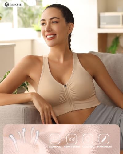 Evercute Women's Large 4-Pack Zip Front Post-Surgery Sports Bras - Black, Gray, Flesh, Purple