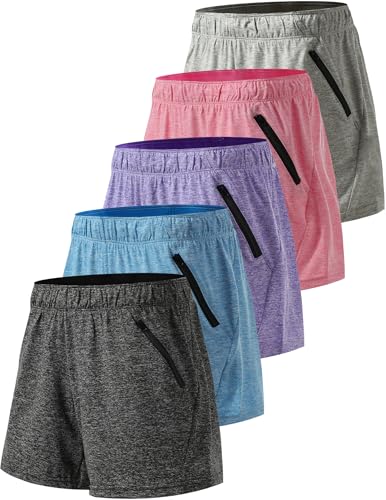 Women's Lounge Workout Shorts 1 or 5 Pack with Zipper Pockets, Heather Black/Blue/Purple/Pink/Gray, Large - Liberty Imports