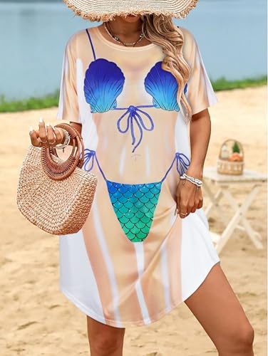 Elescat Women's Blue Shell X-Large Beach Cover Up with Funny Bikini Print