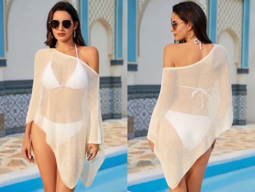 Women's Plus Size Beach Cover Up Poncho Shawl - Sheer Crochet Knit