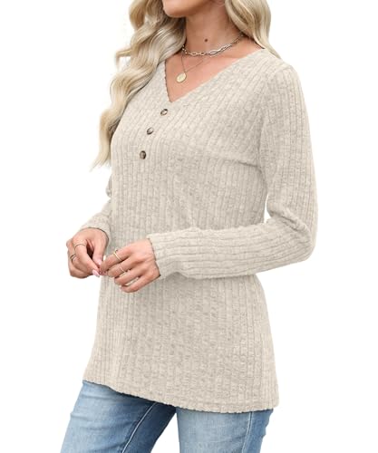 Womens Long Sleeve V Neck Sweater Tunic Top - Apricot, Large
