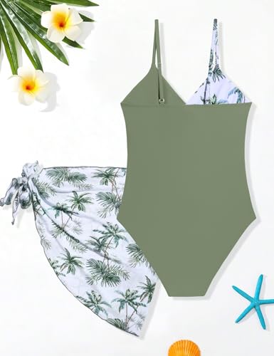 Girls Tankini Swimsuit U-Neck Tropical Print 2-Piece - Green Tropical / 9-10 Years