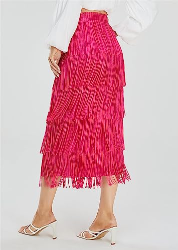 Women's High Waist Fringe Trim Short Skirt XX-Large Rose Red for Summer Party & Work