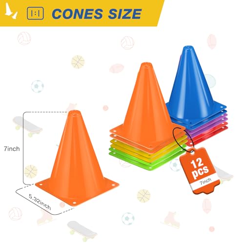 7-Inch Soccer Cones - 12 Pack Durable Training Cones for Sports