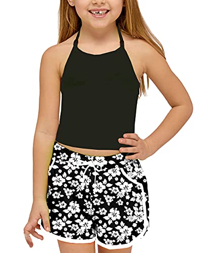 Kids Hawaiian Swim Board Shorts - Quick Dry Floral Black, 11-12 Years
