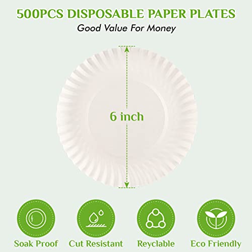 FOCUSLINE 6 Inch Disposable Paper Plates 500 Pack White Uncoated for Events & Parties