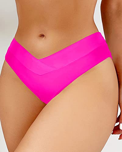 High Waisted Cheeky Bikini Bottoms - Criss Cross Cut-Out - Small Rose Red